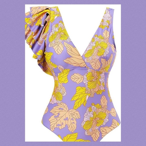 Purple and yellow fluffy sleeves one piece swimsuit. 1 - Picture 5 of 6